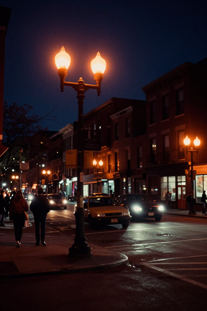 Boston Night Street Scene with Spatula and Window Curtains in in Boston, Massachusetts, United States
