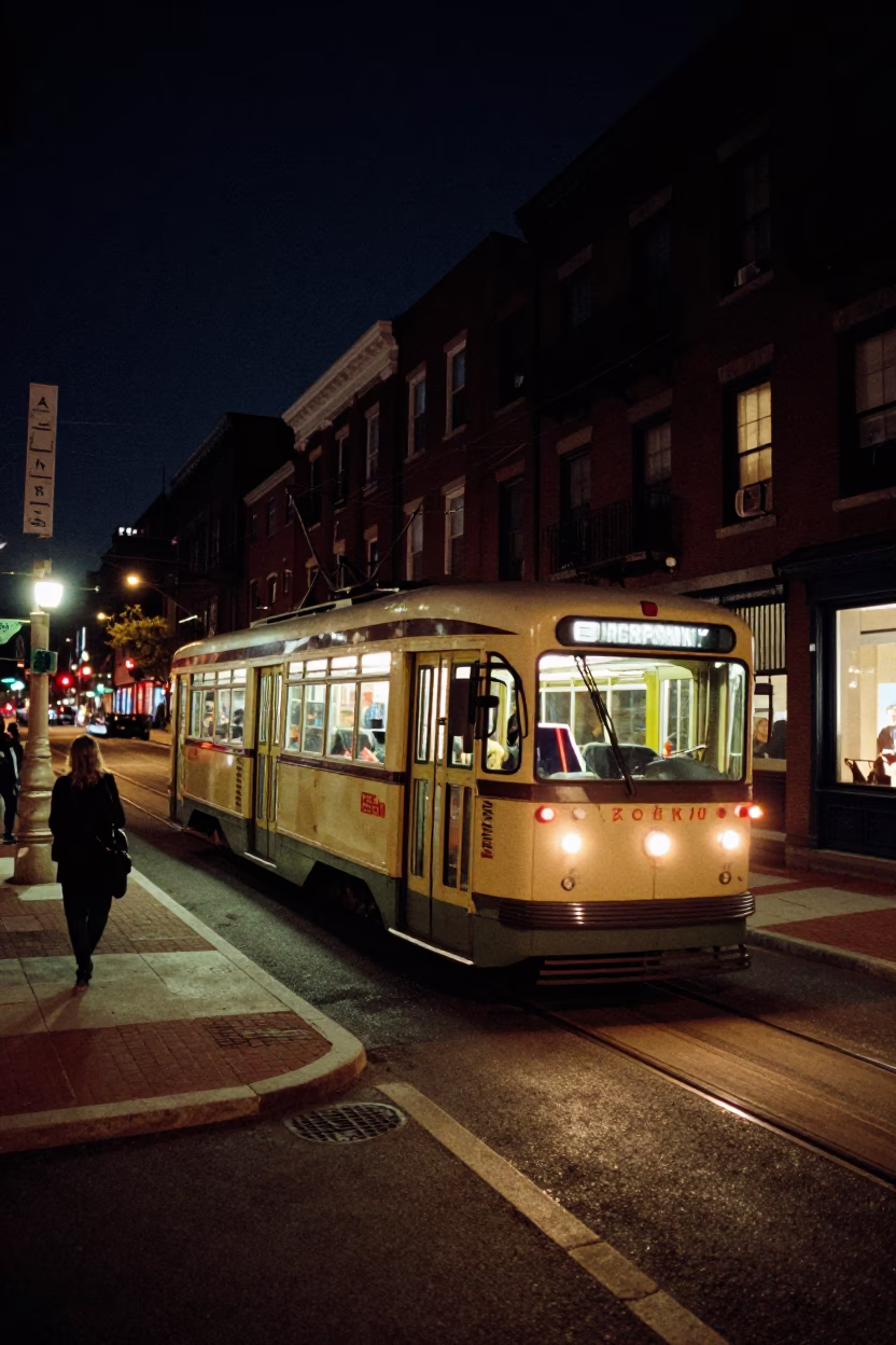Boston Night Street Scene with Tram on Steep Hill and Urban Lights in in Boston, Massachusetts, United States