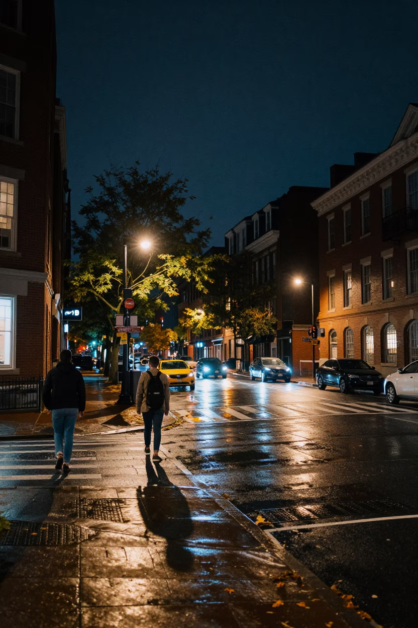 Boston Night Street Scene with University Arcade Wet Leaves and Condensation on Doorframe in in Boston, Massachusetts, United States