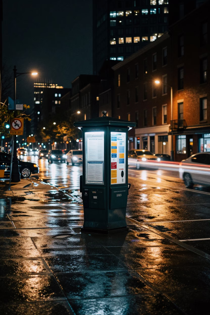Boston Night Street Scene with Valet Stand and Hotel Awning Reflections in in Boston, Massachusetts, United States