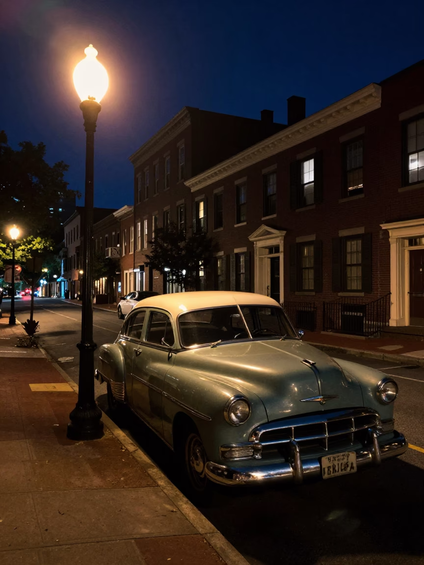 Boston Night Street Scene with Vintage Car and Streetlamp in in Boston, Massachusetts, United States