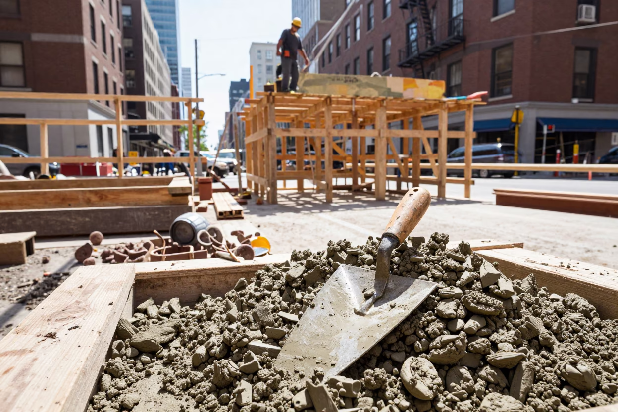 Boston Noon Construction Site with Mason's Tools and Urban Background in in Boston, Massachusetts, United States