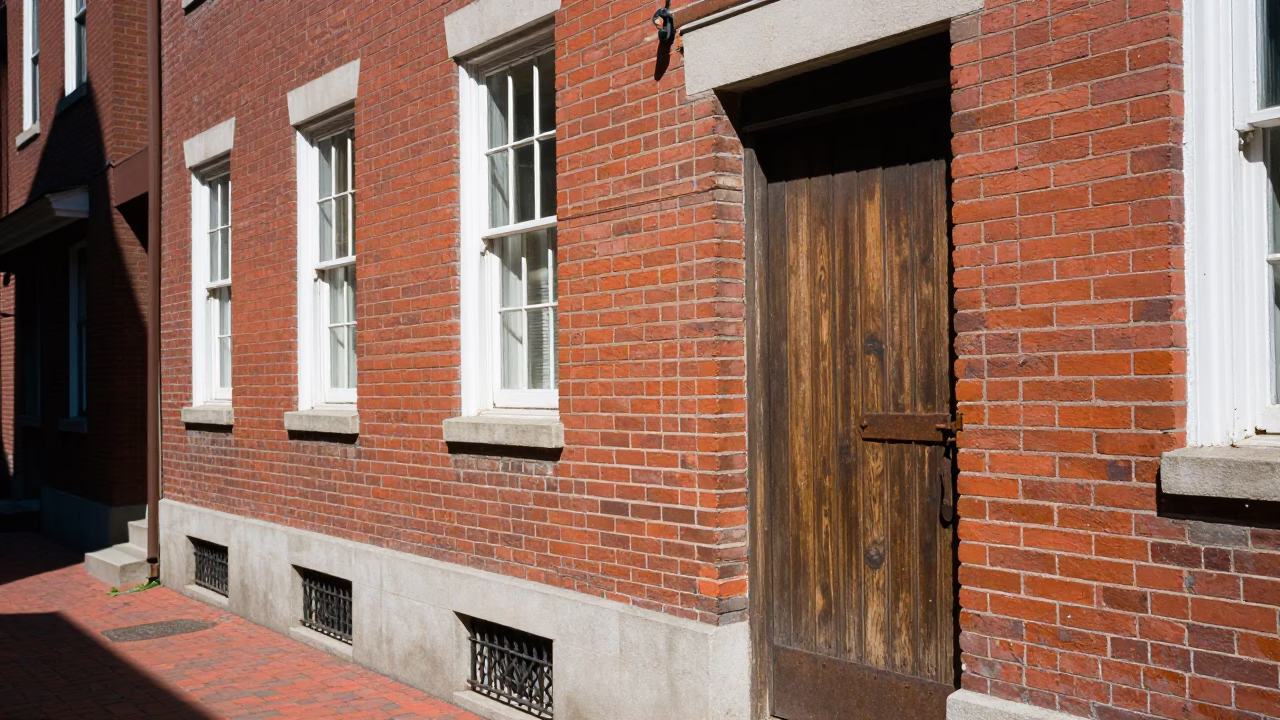 Boston Noon Street Scene with Red Brick Architecture and Crowbar on Sidewalk in in Boston, Massachusetts, United States