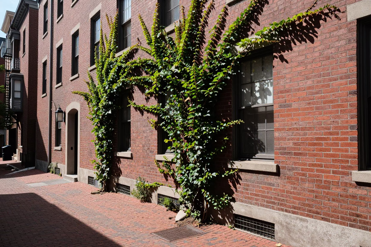 Boston North End brick alleyway with climbing ivy and historic architecture under noon glare in in Boston, Massachusetts, United States