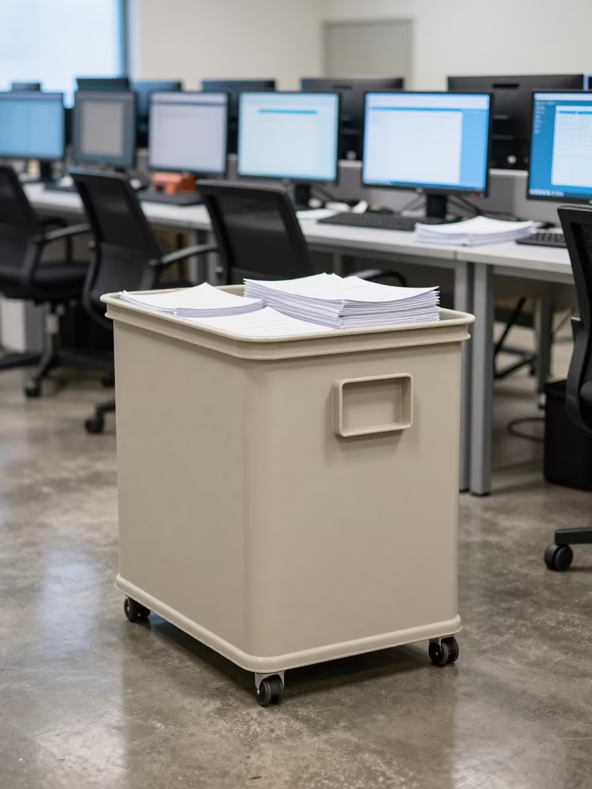 Boston Operations Center Approval Tray Midday in in an operations center under monitor glow in South End, Boston