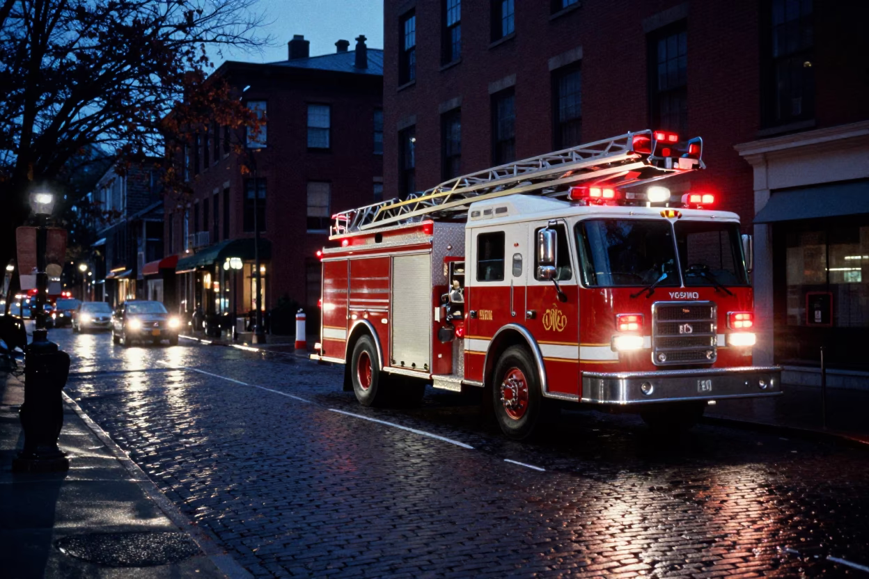 Boston Predawn Street Scene with Fire Engine and Urban Architecture in in Boston, Massachusetts, United States