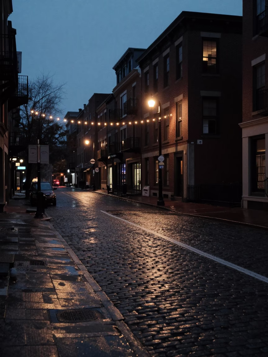 Boston Predawn Street Scene with String Lights and Urban Architecture in in Boston, Massachusetts, United States