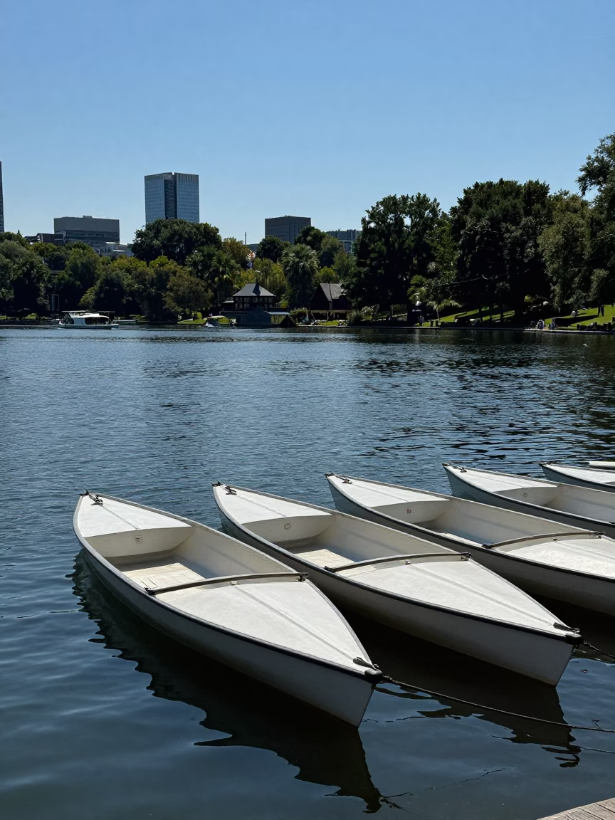 Boston Public Garden Rowing Boats Under Flat Noon Glare in Massachusetts in in Boston, Massachusetts, United States