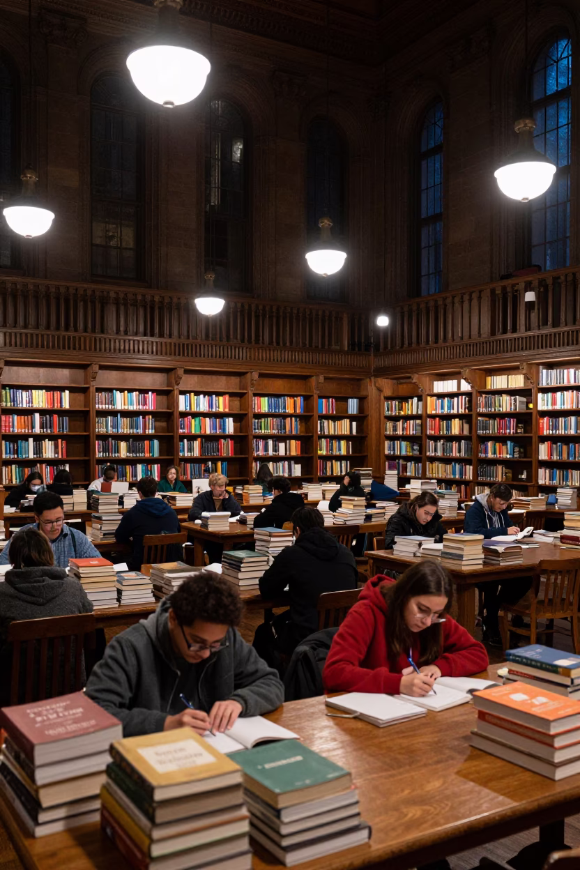 Boston Public Library Study Hall Late Night Students Revising Under Stacks in in Boston, Massachusetts, United States