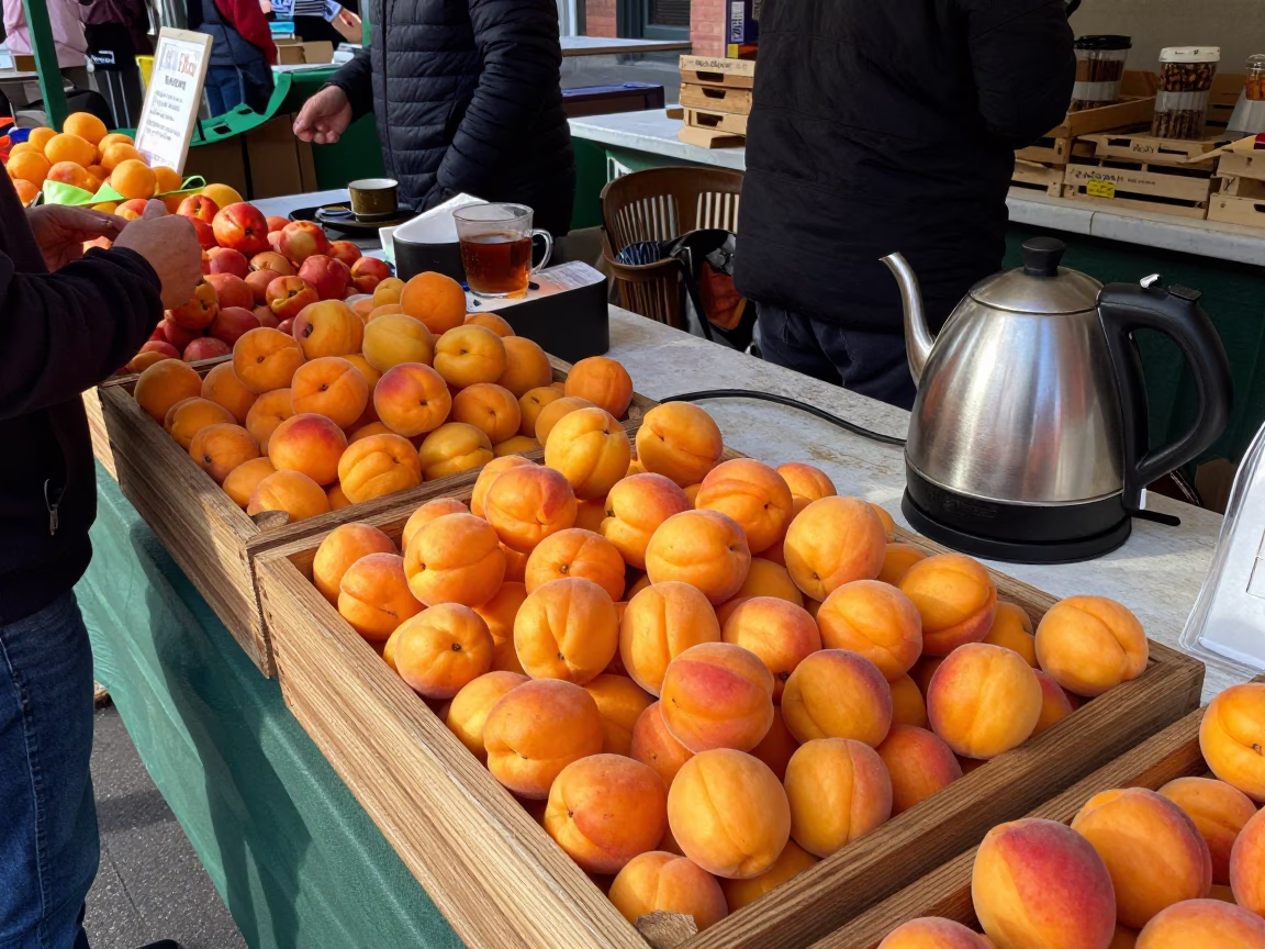 Boston Public Market Stall Displaying Fresh Apricots and Electric Kettle for Hot Beverages in in Boston, Massachusetts, United States
