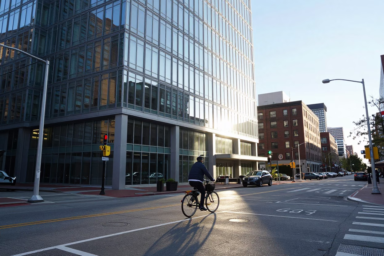 Boston Seaport District Late Afternoon Light and Urban Street Scene in in Boston, Massachusetts, United States