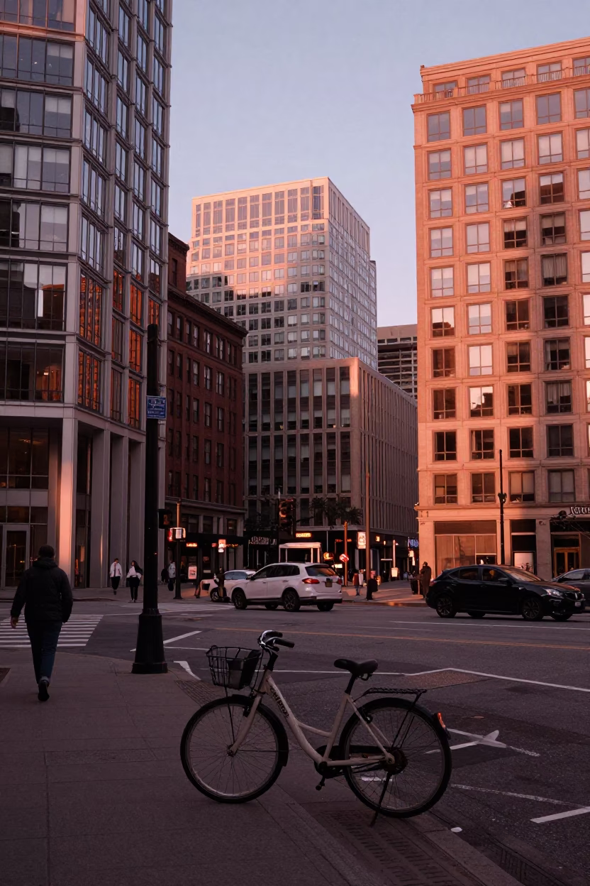 Boston Seaport District Street Scene at Dusk with Bicycle and University Students in in Boston, Massachusetts, United States