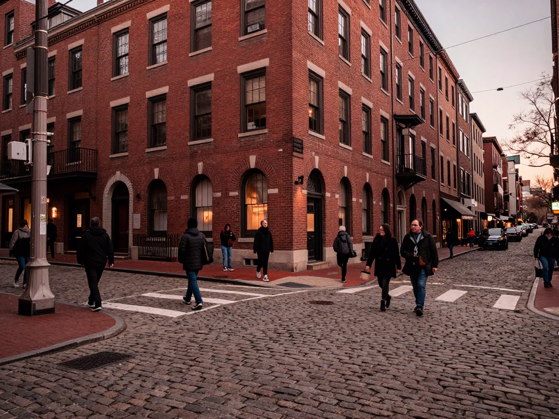Boston Street Corner at Dusk with Brick Buildings and City Lights in in Boston, Massachusetts, United States