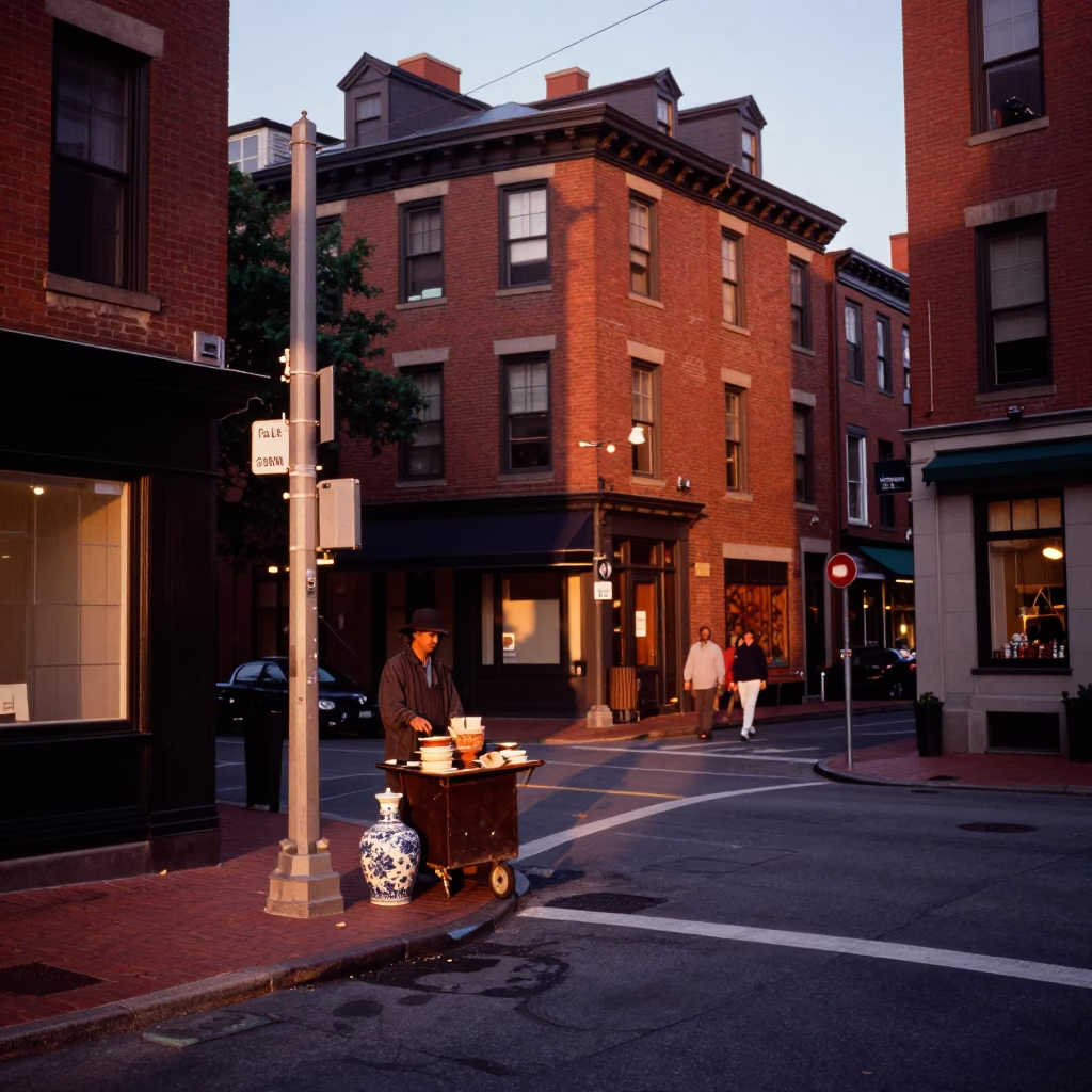 Boston Street Corner at Dusk with Porcelain Jar and Spinning Top in in Boston, Massachusetts, United States