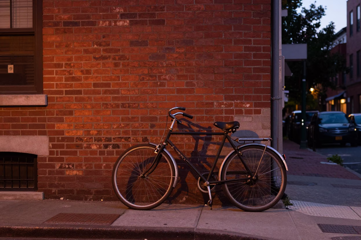 Boston Street Corner at Dusk with Vintage Bicycle and Brick Architecture in in Boston, Massachusetts, United States