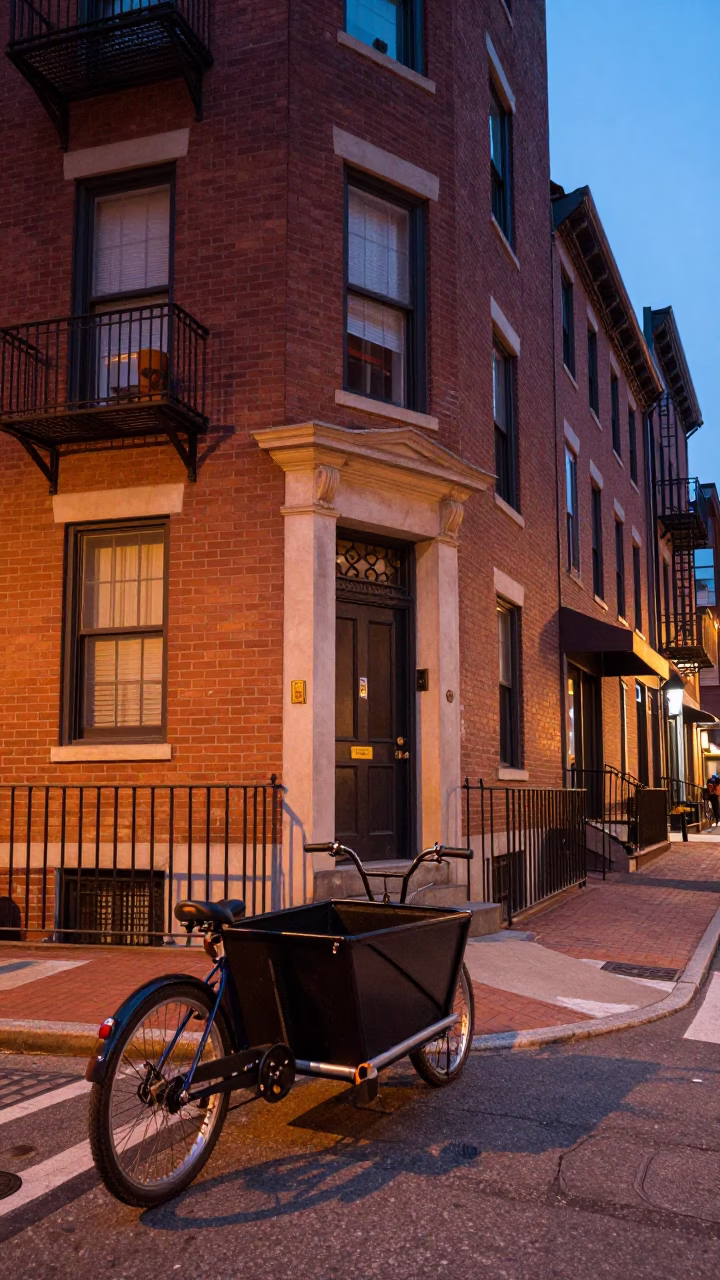 Boston Street Corner Before Dusk with Cargo Bicycle and Floral Delivery in in Boston, Massachusetts, United States