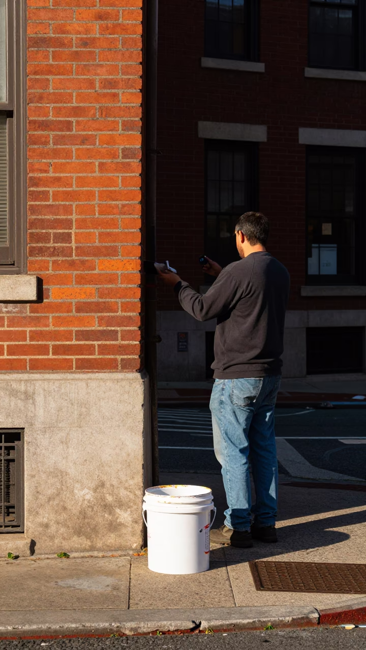 Boston Street Corner Late Afternoon Light with Paint Bucket and Iron Hook in in Boston, Massachusetts, United States