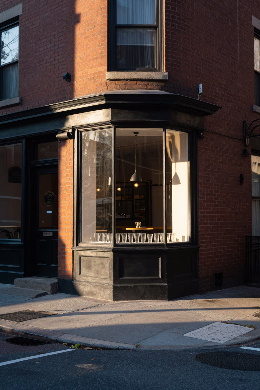 Boston Street Corner Morning Light with Glass Tumblers and Urban Details in in Boston, Massachusetts, United States