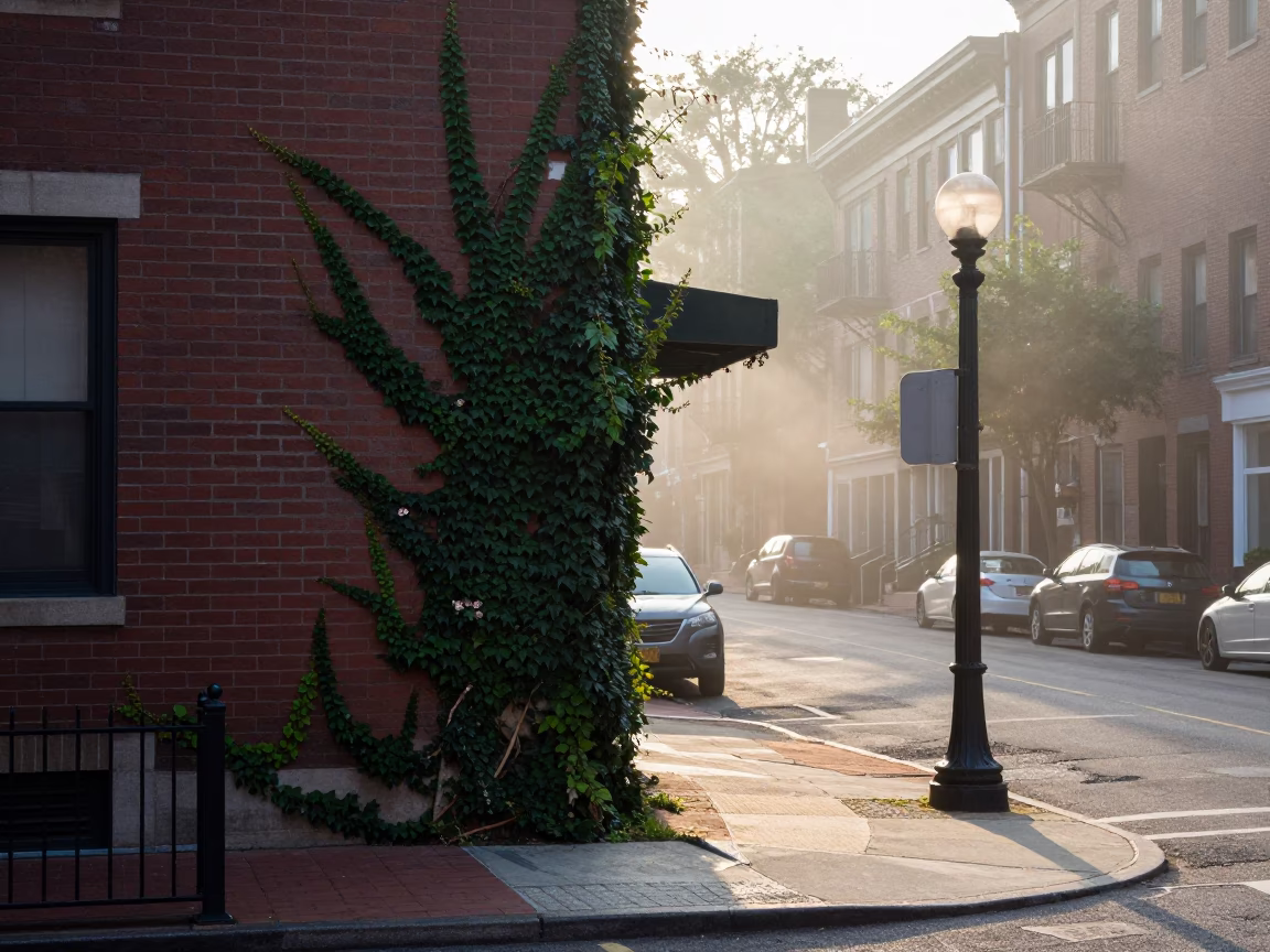 Boston Street Corner Morning Light with Ivy and Urban Details in in Boston, Massachusetts, United States