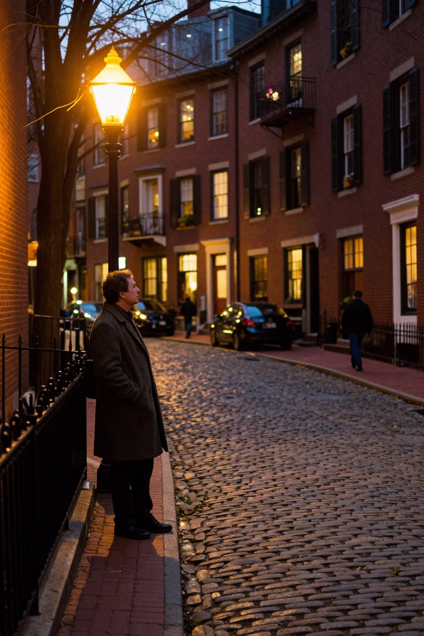 Boston Street Scene at As City Lights Begin To Glow in in Boston, Massachusetts, United States