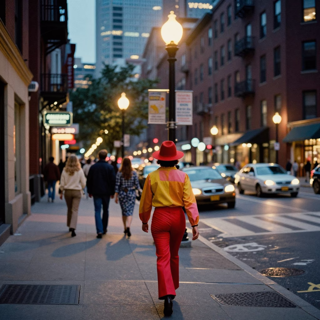 Boston Street Scene at As City Lights Begin To Glow in in Boston, Massachusetts, United States