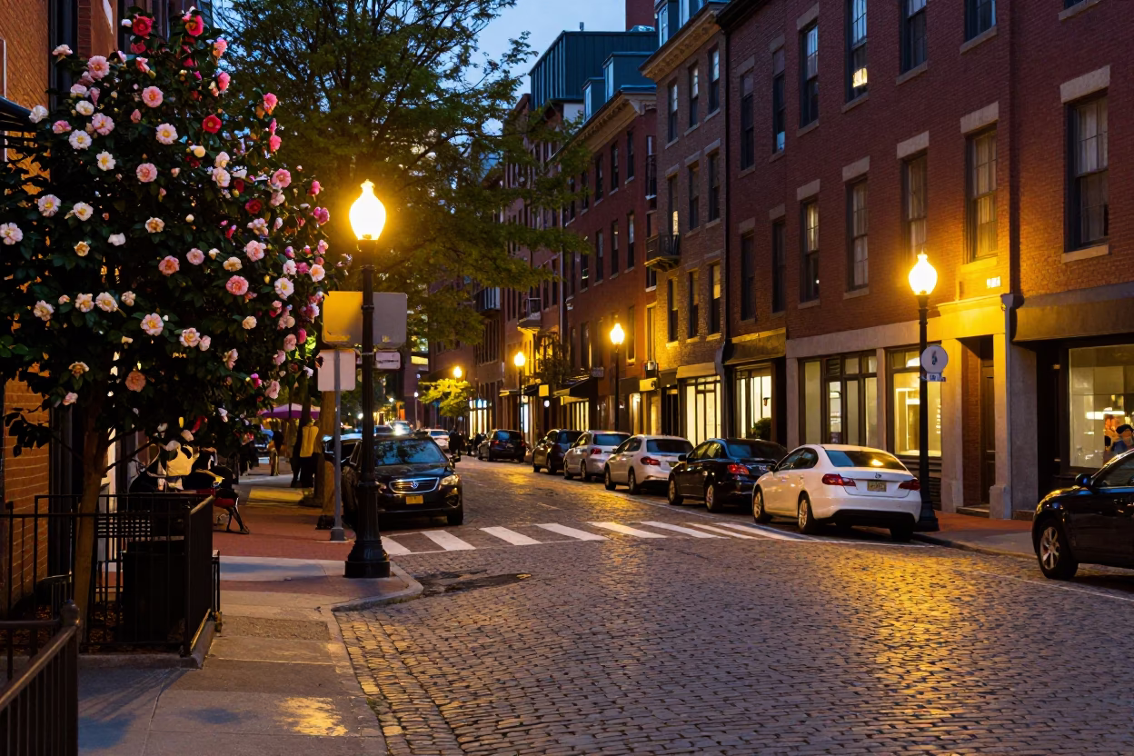 Boston Street Scene at Dusk with Camellia and Vintage Car in in Boston, Massachusetts, United States