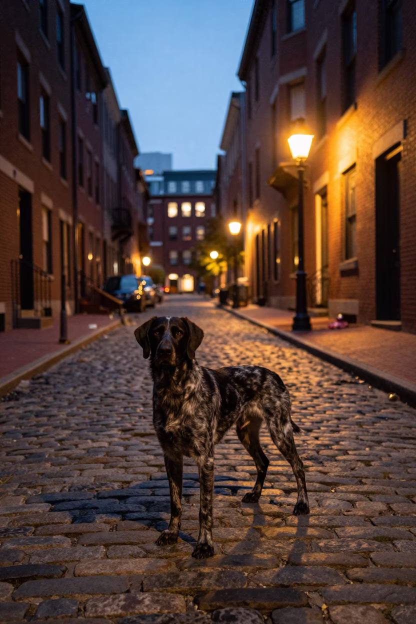 Boston Street Scene at Dusk with German Shorthaired Pointer and Bicycle Basket in in Boston, Massachusetts, United States
