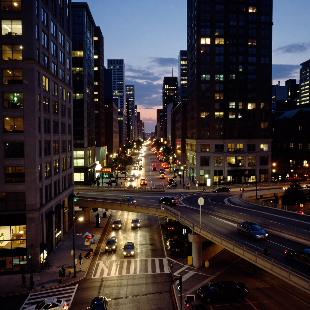 Boston Street Scene at Dusk with Overpass Interchange and Taillight Streaks in in Boston, Massachusetts, United States