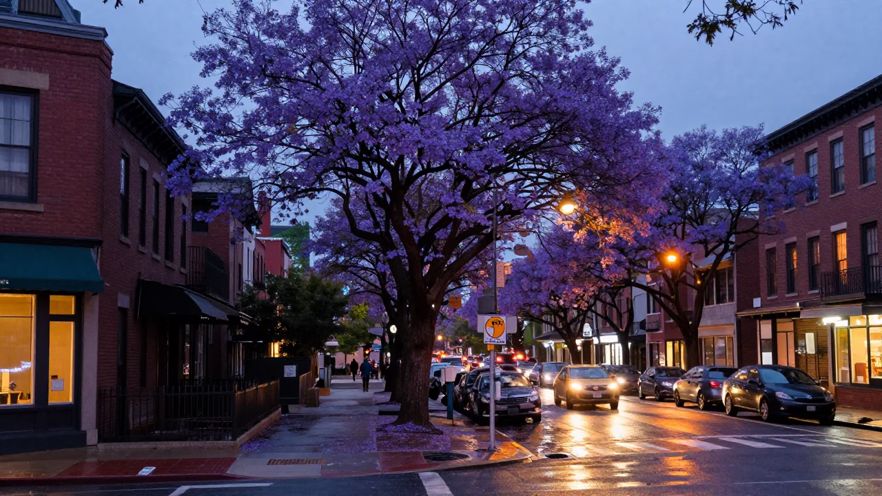Boston Street Scene at Dusk with Purple Jacaranda and City Lights in in Boston, Massachusetts, United States