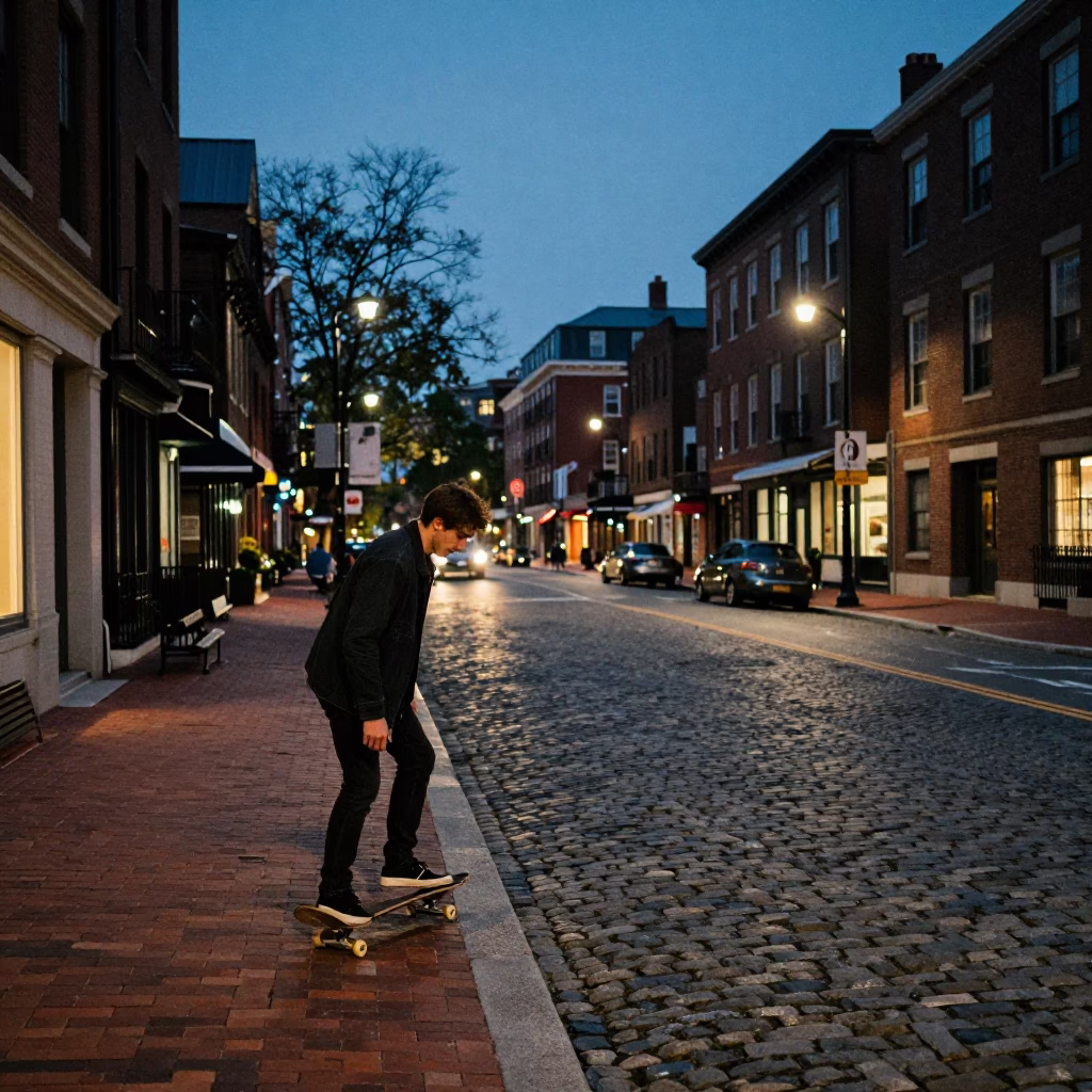 Boston Street Scene at Dusk with Skateboarder Near Historic Brownstone Architecture in in Boston, Massachusetts, United States