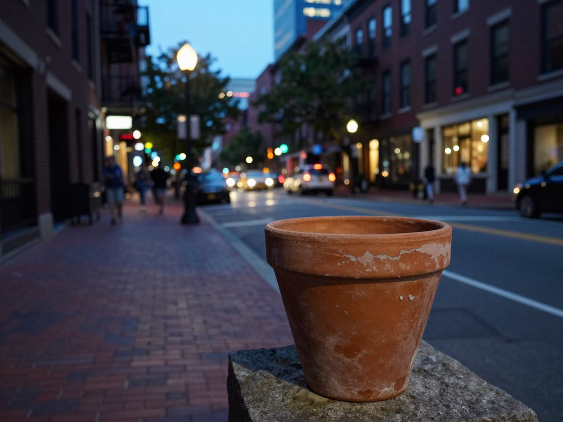 Boston Street Scene at Dusk with Terracotta Pot and Wicker Shadow in in Boston, Massachusetts, United States