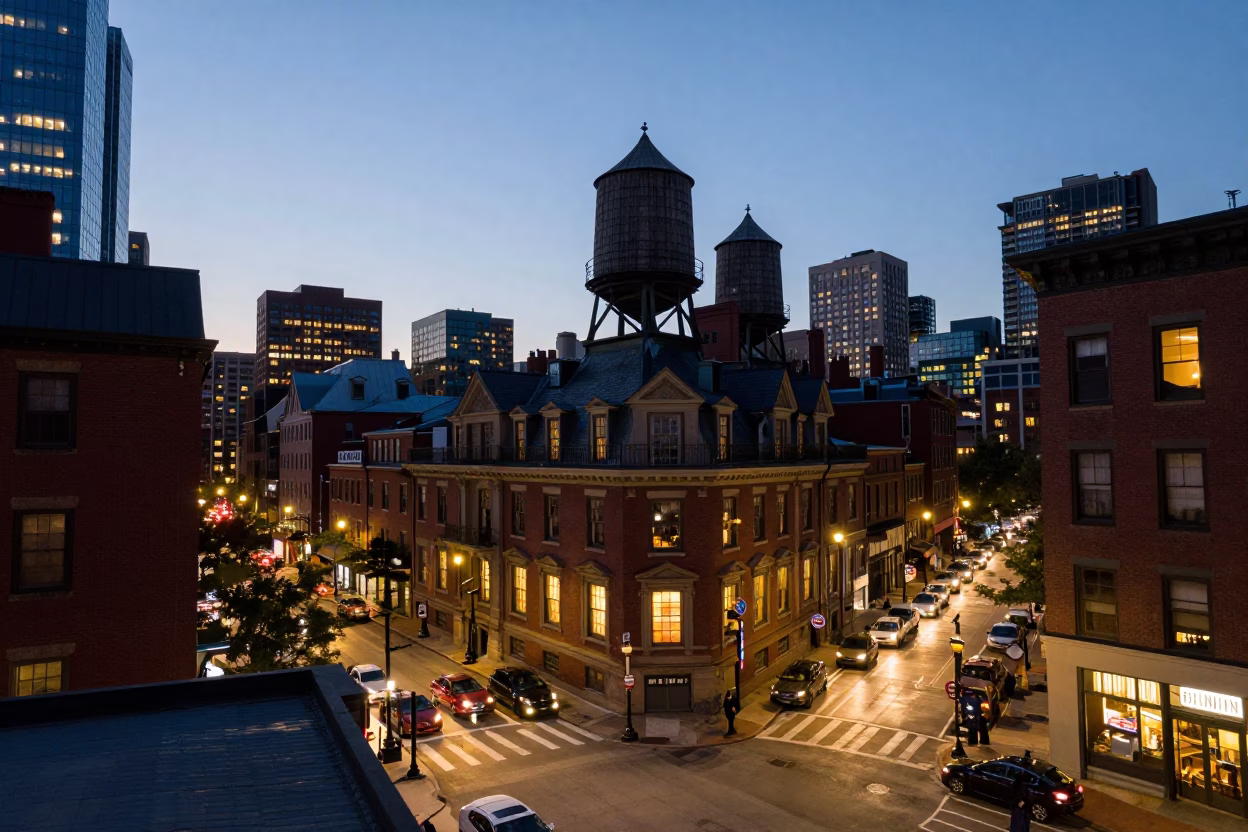 Boston Street Scene at Dusk with Water Tower Rooftop and Busy Traffic in in Boston, Massachusetts, United States