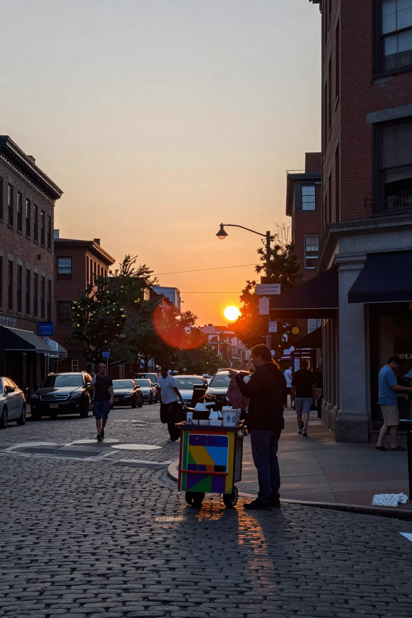Boston Street Scene at Sunset with Local Street Vendor and Pedestrians in in Boston, Massachusetts, United States