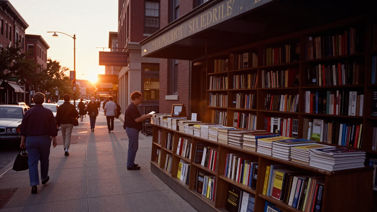 Boston Street Scene at Sunset with Student Bookstore Counter and Campus Life in in Boston, Massachusetts, United States