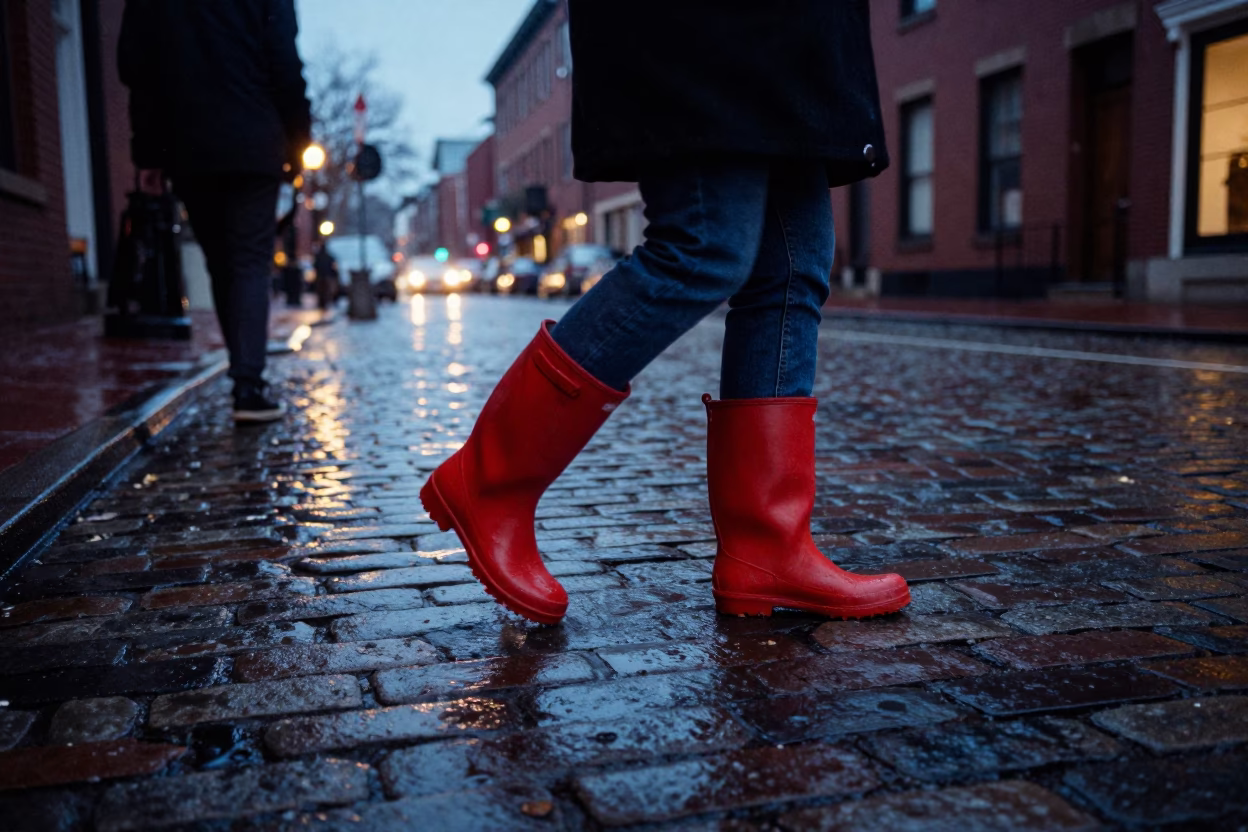 Boston Street Scene at Twilight with Rain Boots and Umbrella in in Boston, Massachusetts, United States