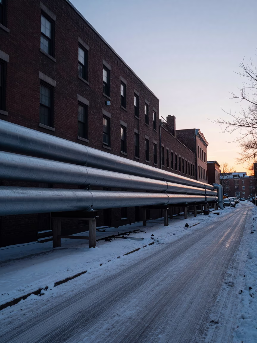 Boston Street Scene Before Dawn With District Heating Pipes And Snow in in Boston, Massachusetts, United States