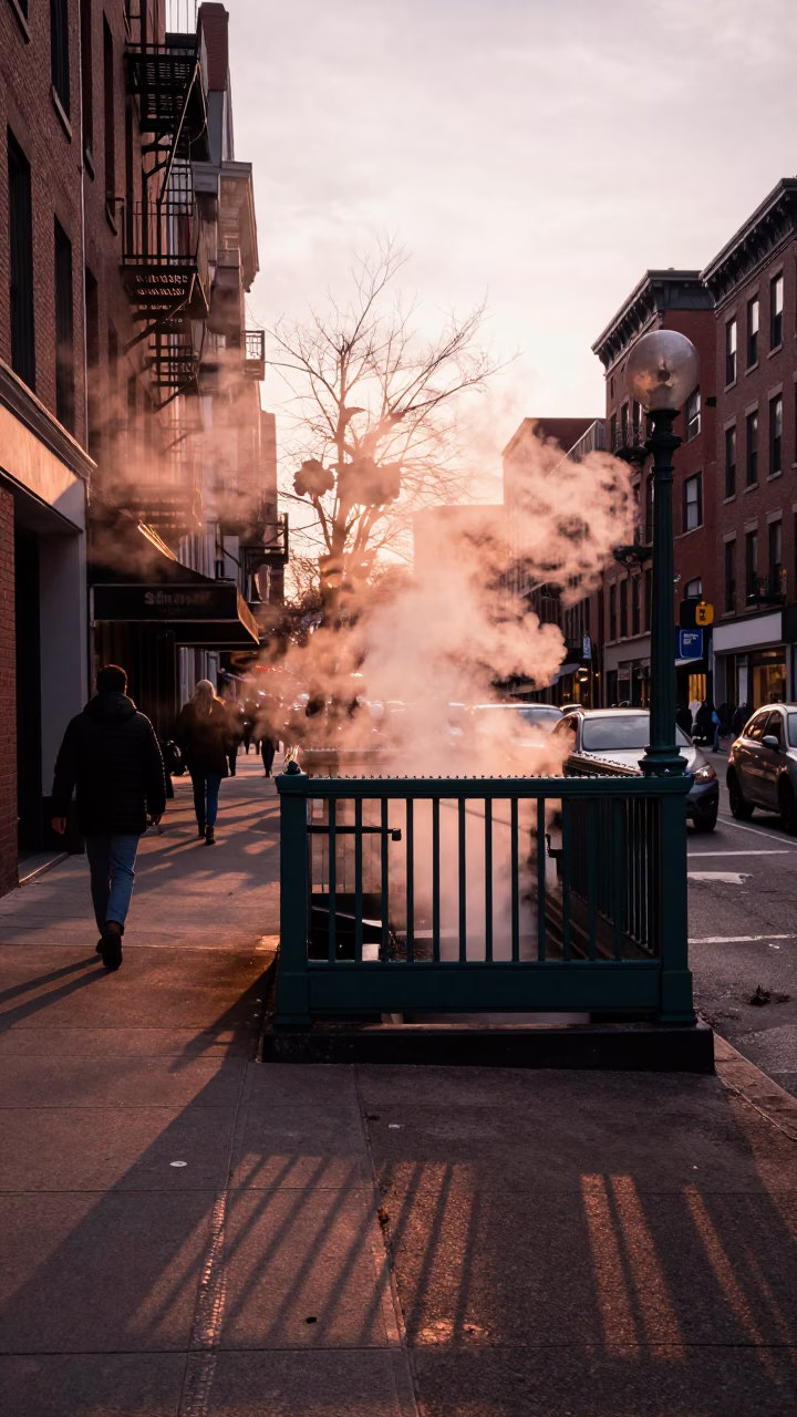 Boston Street Scene in Copper Dusk Light with Steam Haze and Urban Details in in Boston, Massachusetts, United States