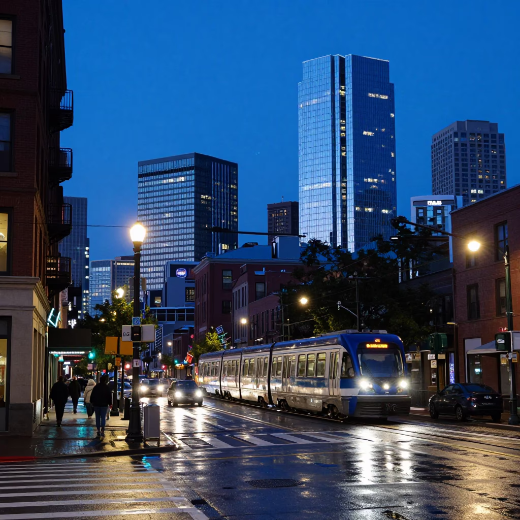 Boston Street Scene in Indigo Twilight with Monorail and Urban Life in in Boston, Massachusetts, United States