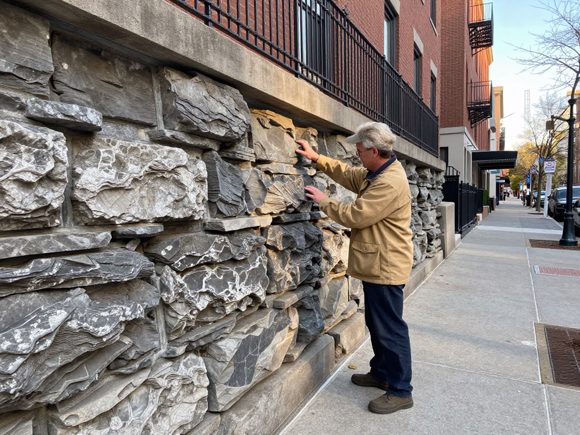 Boston Street Scene Late Morning Geologist Examining Rock Strata Cliff Face in in Boston, Massachusetts, United States