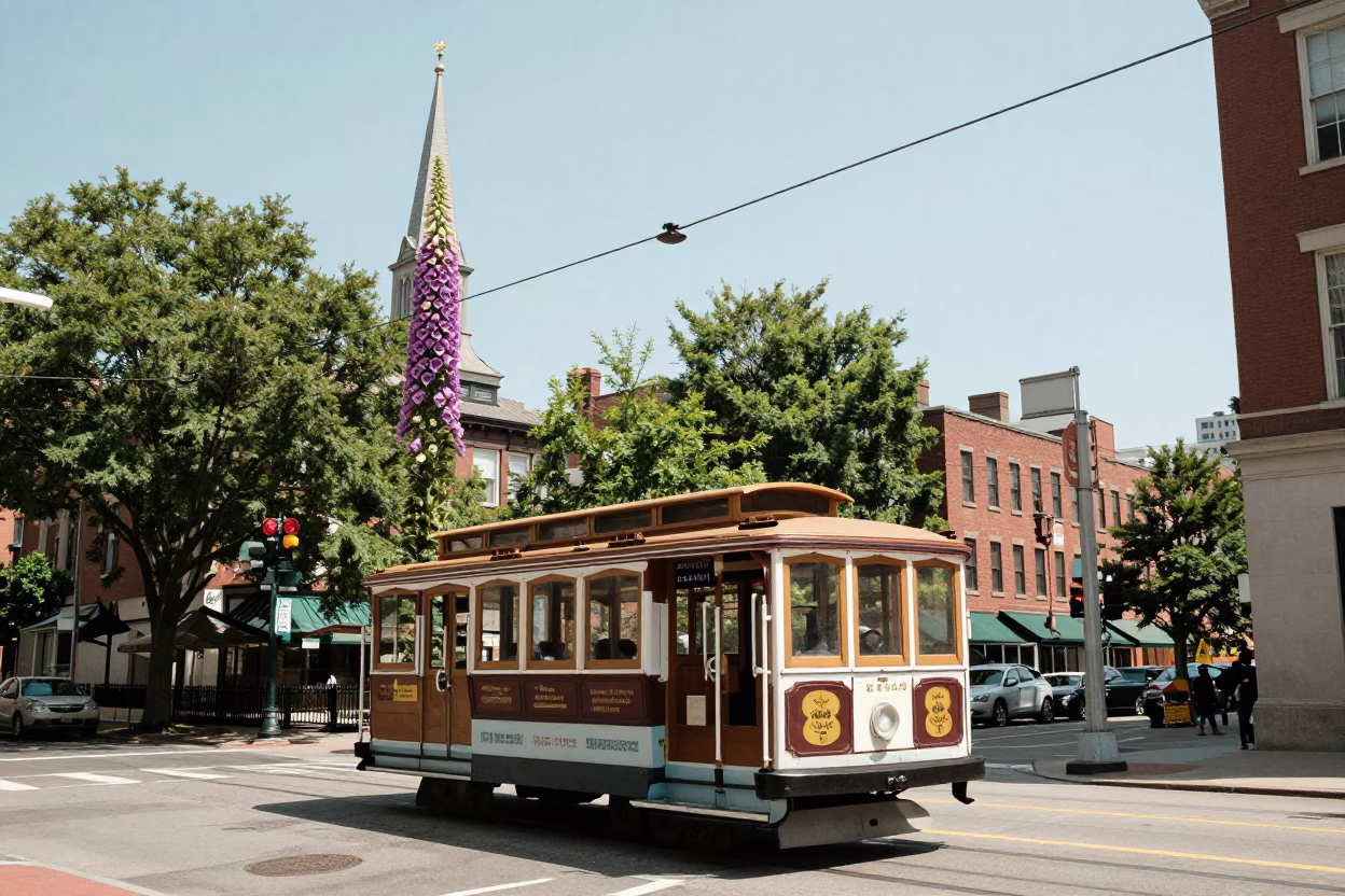 Boston Street Scene Noon Light with Foxglove Spire and Cable Car Infrastructure in in Boston, Massachusetts, United States