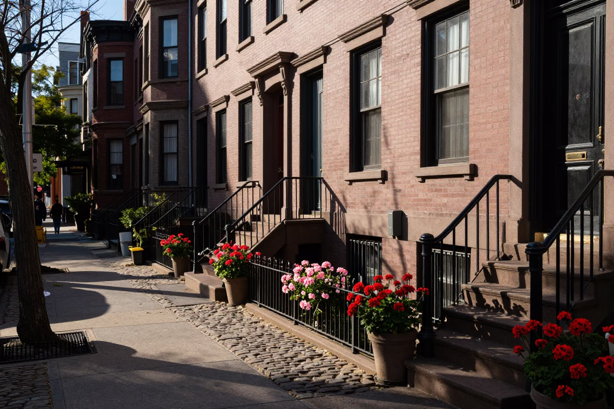 Boston Street Scene with Geraniums in Late Afternoon Light in in Boston, Massachusetts, United States