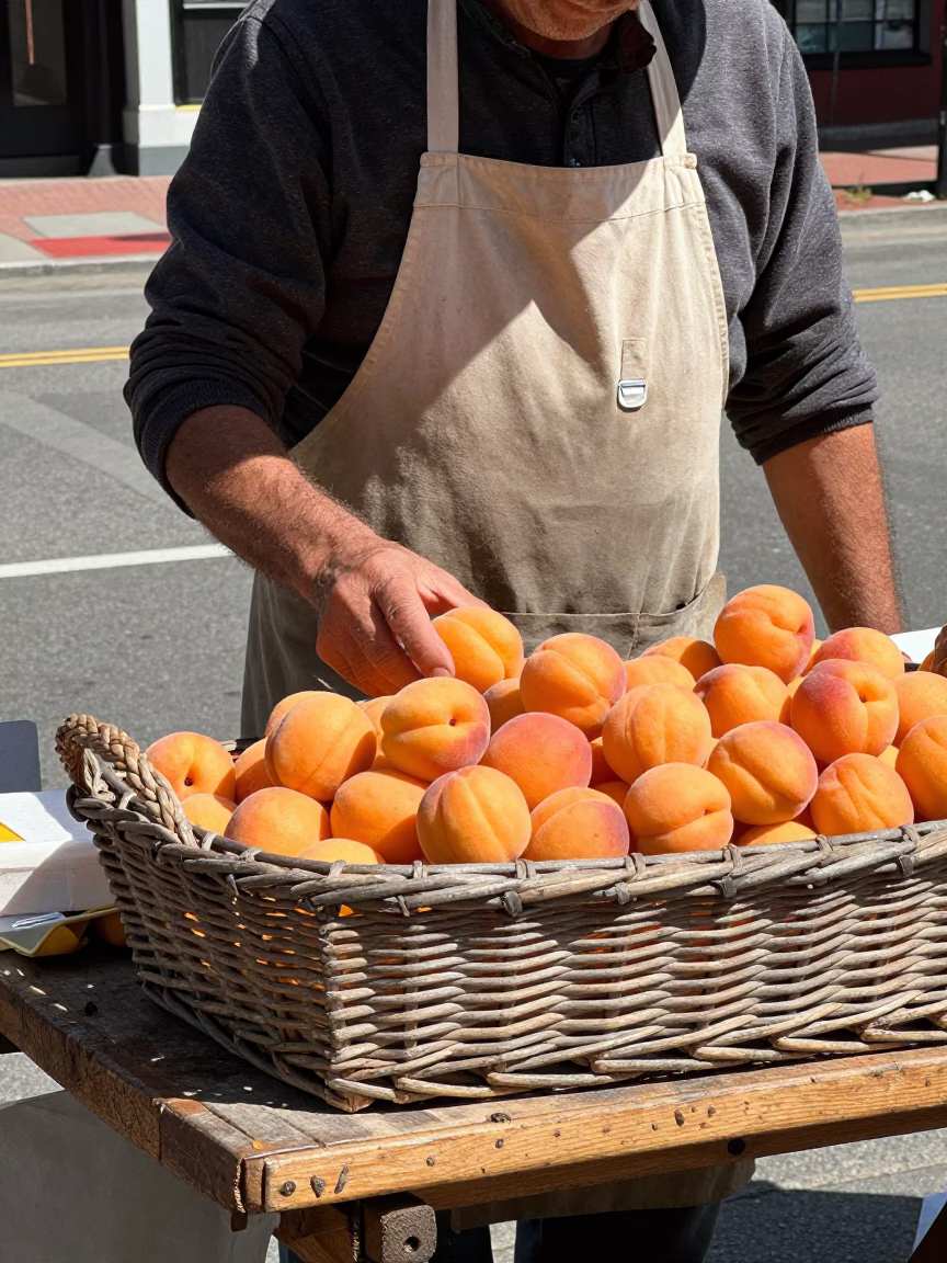 Boston Street Vendor Midday Sales with Apricots and Wicker Basket in in Boston, Massachusetts, United States