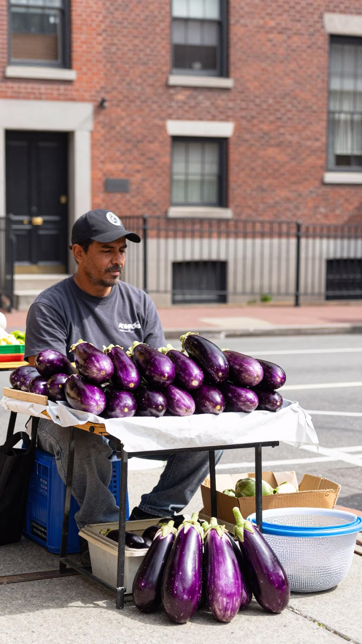 Boston Street Vendor Selling Fresh Eggplants and Mesh Colander in Bright Midmorning Light in in Boston, Massachusetts, United States