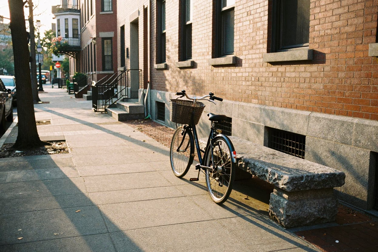 Boston Sunrise Street Scene with Bicycle Basket and Stone Bench Near Public Transit in in Boston, Massachusetts, United States