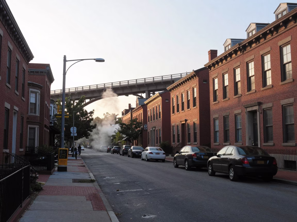 Boston Sunrise Street Scene with Railway Viaduct and Steam Train Crossing Arches in in Boston, Massachusetts, United States