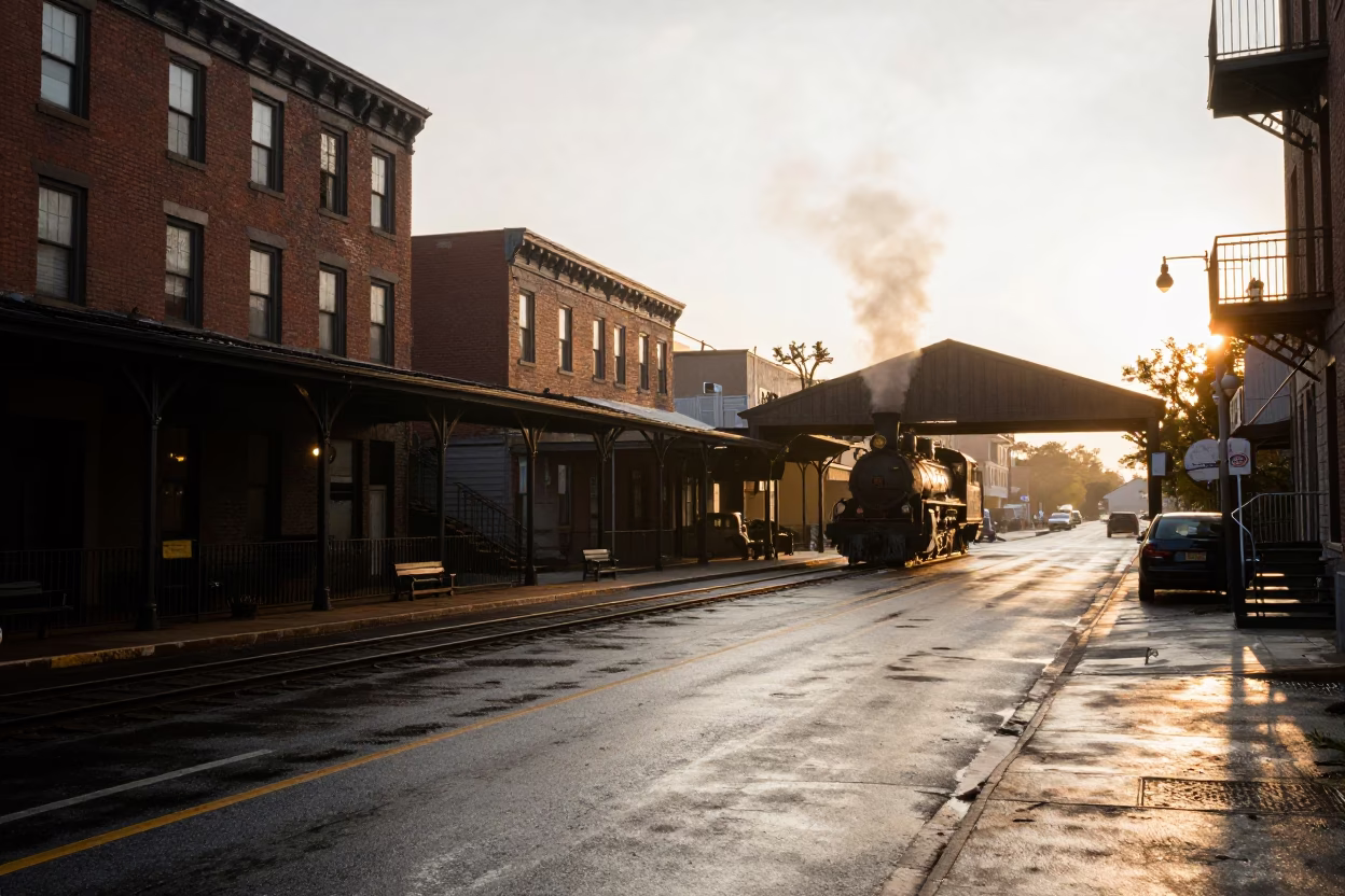 Boston Sunrise Street Scene with Steam Locomotive and Local Morning Activity in in Boston, Massachusetts, United States