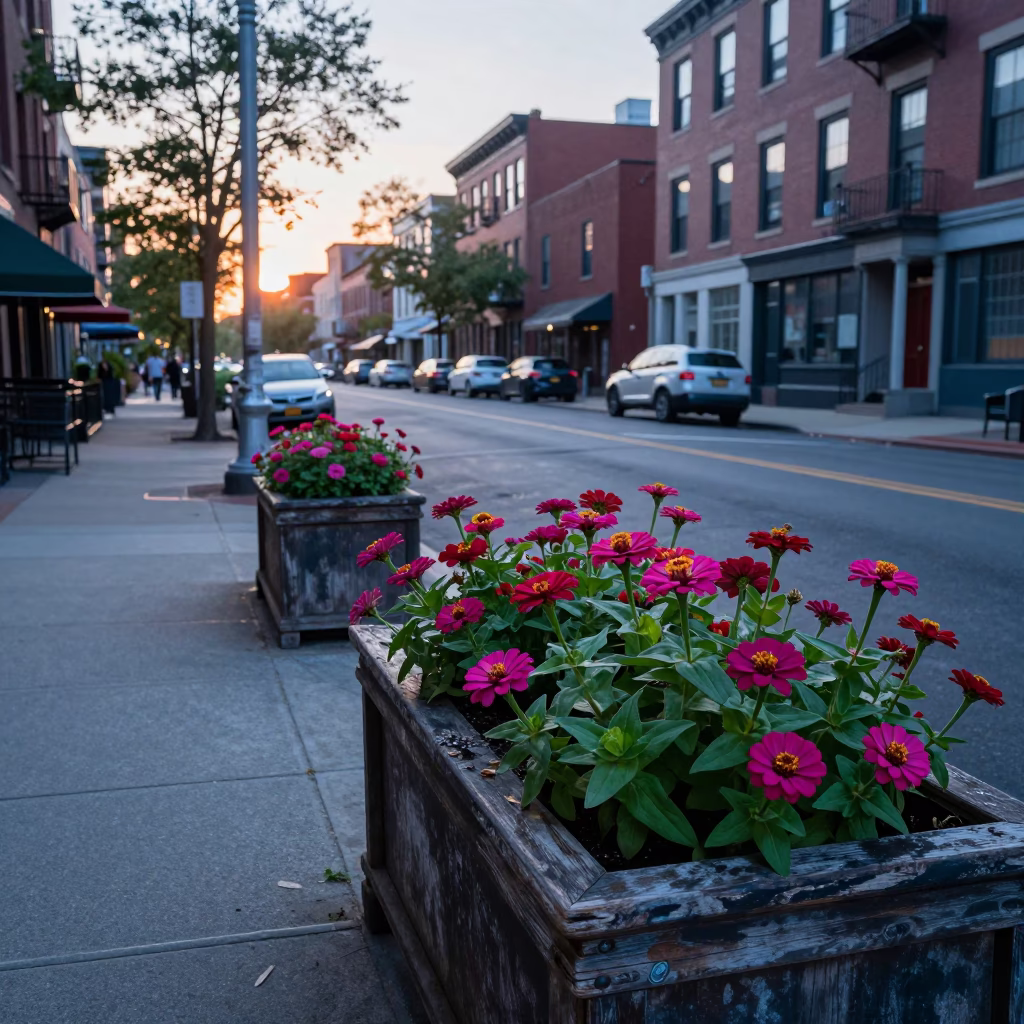 Boston Sunrise Street Scene with Zinnias and Urban Details in in Boston, Massachusetts, United States