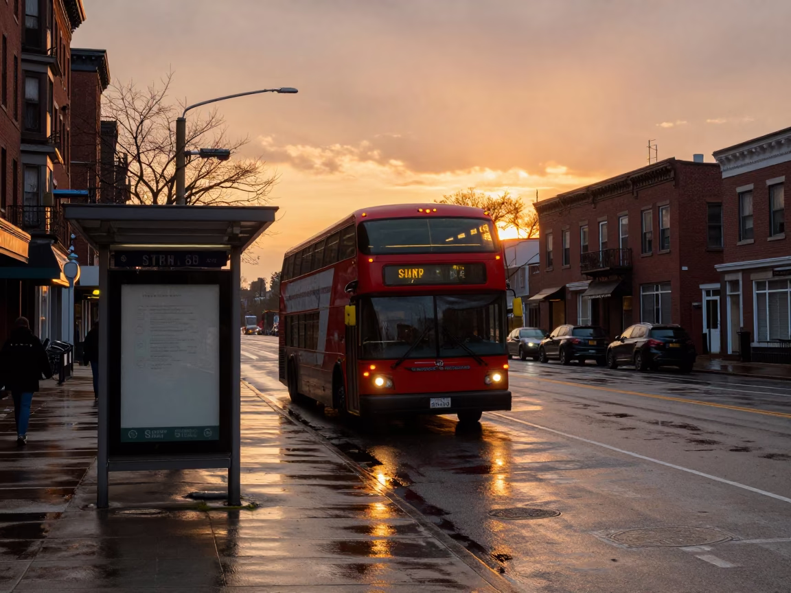 Boston Sunset Street Scene with Double Decker Bus and Rainy Bus Stop Atmosphere in in Boston, Massachusetts, United States