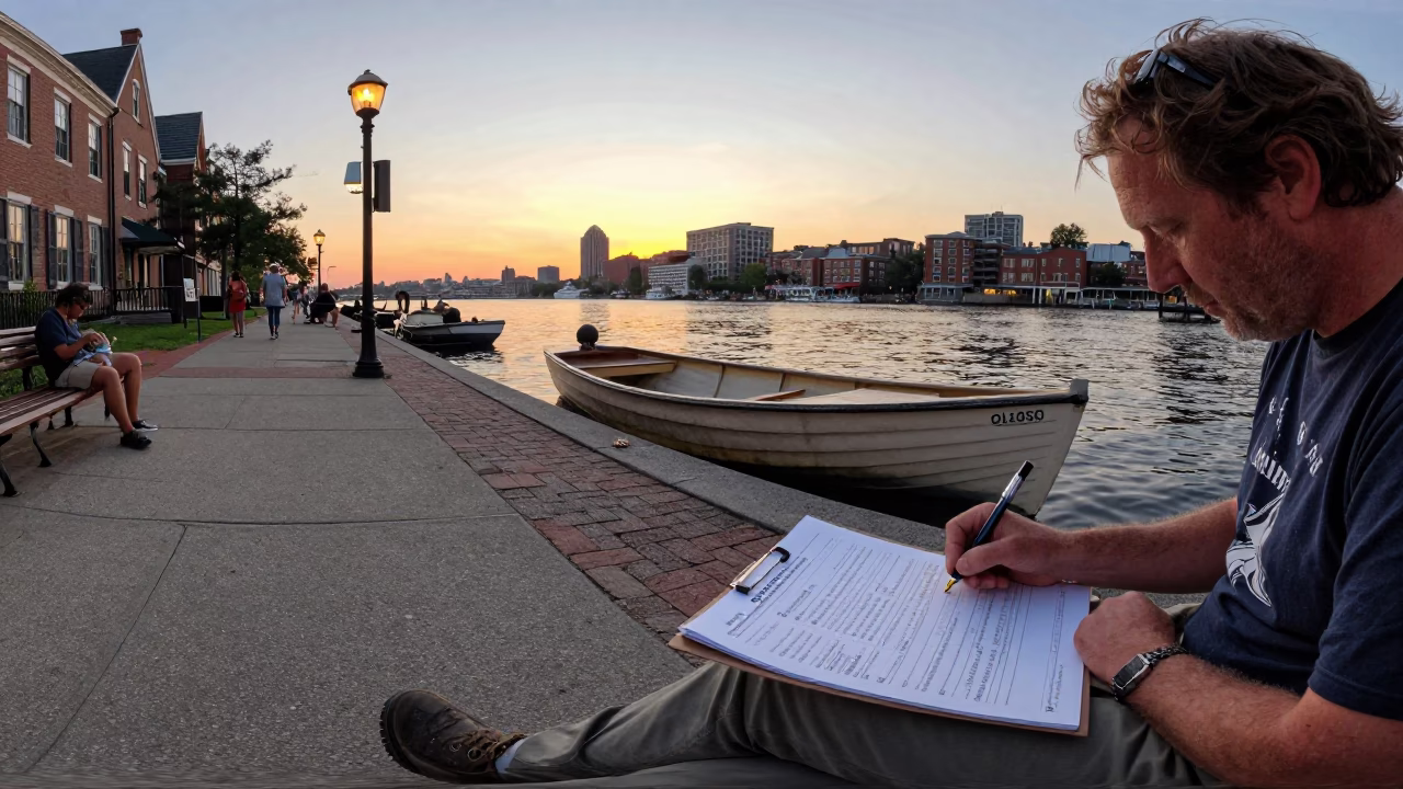 Boston Sunset Street Scene with Fountain Pen and Rowboat Near Waterfront in in Boston, Massachusetts, United States