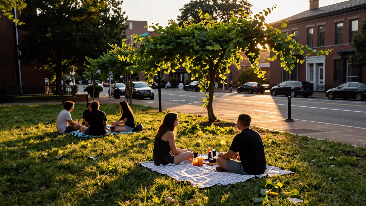 Boston Sunset Street Scene with Picnic Blanket and Vine in in Boston, Massachusetts, United States